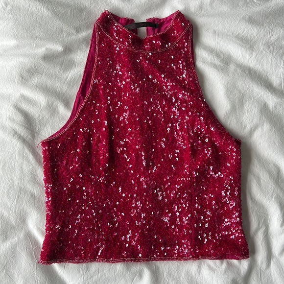 HOT pink sequin crop top with beaded edges - LIKE NEW - Picture 1 of 3